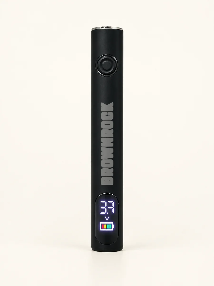 Brownrock Digital 400 mAh 510 battery in matte black with voltage display and a translucent Brownrock logo