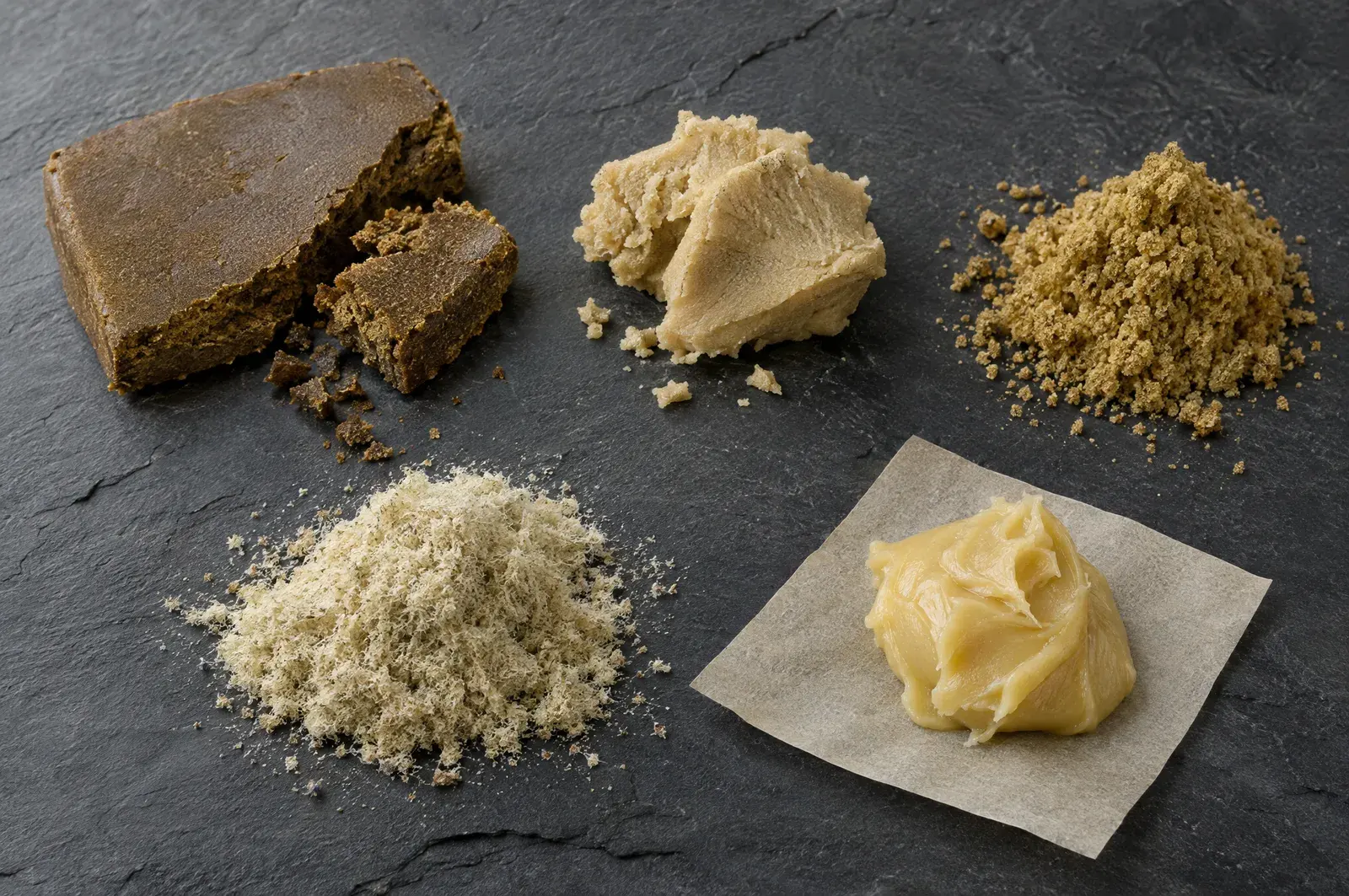 Hemp resin formats on slate: pressed, mousse, dry sift, static sift and rosin