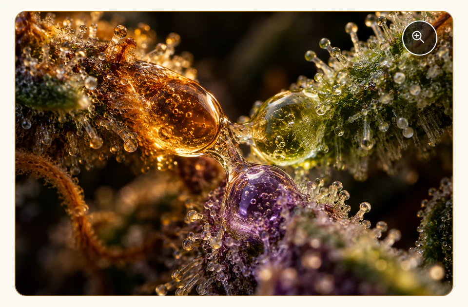 Amber, green and violet resin droplets meeting across trichomes