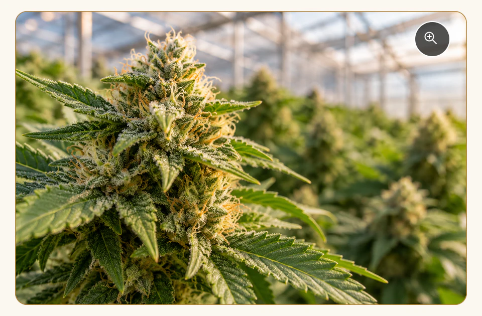 Trichome-rich hemp flower growing in a greenhouse