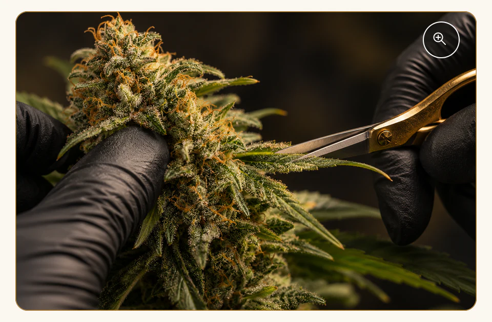 Gloved hands precision-trimming a trichome-rich flower